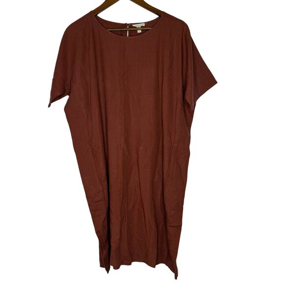 Eileen Fisher Brown Shift Dress Medium Organic Linen Minimalist Relaxed Fit - Picture 1 of 9